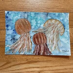 Hand painted watercolor original painting jellyfish ocean